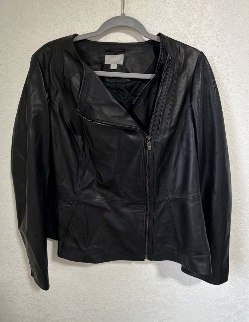 Pure Collection Leather Jacket US 12 Black Zip Front Moto